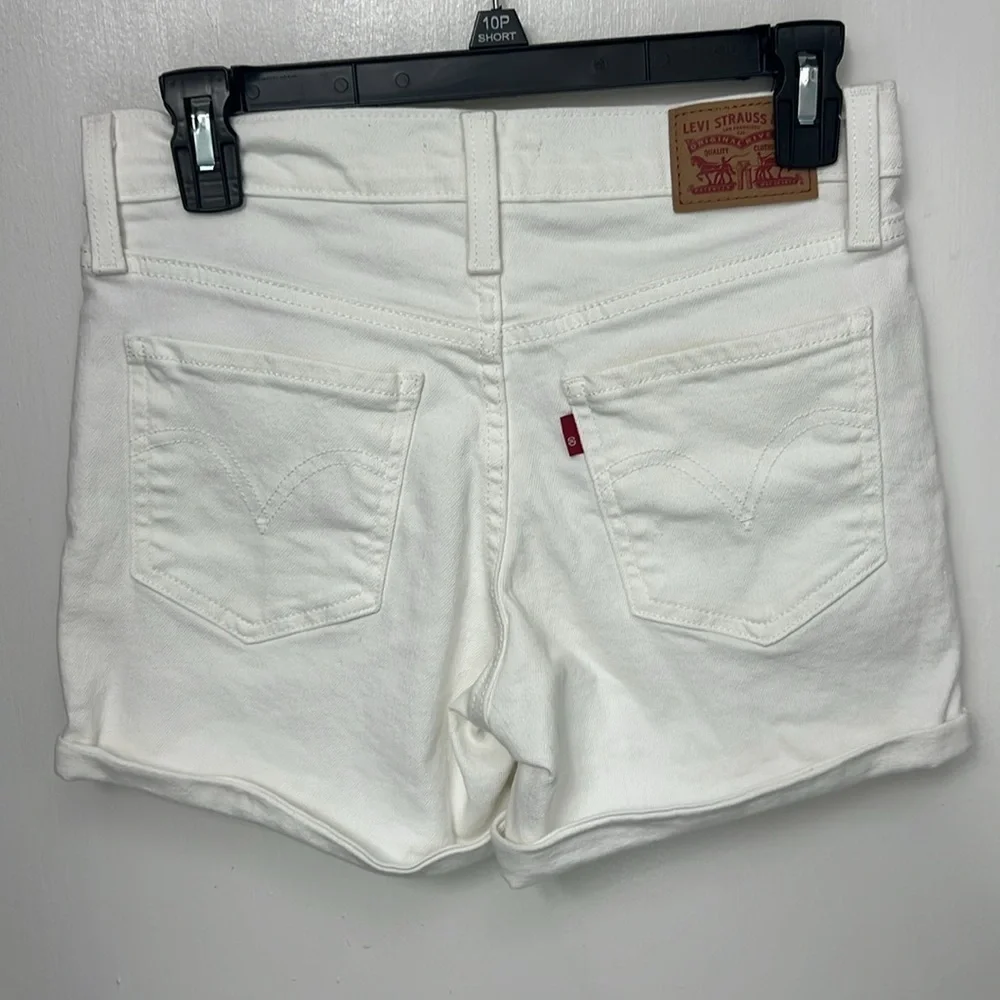62. Levi distressed Mid Length white Jean shorts,Sz 26, cuffed bottoms, EUC - Picture 2 of 11